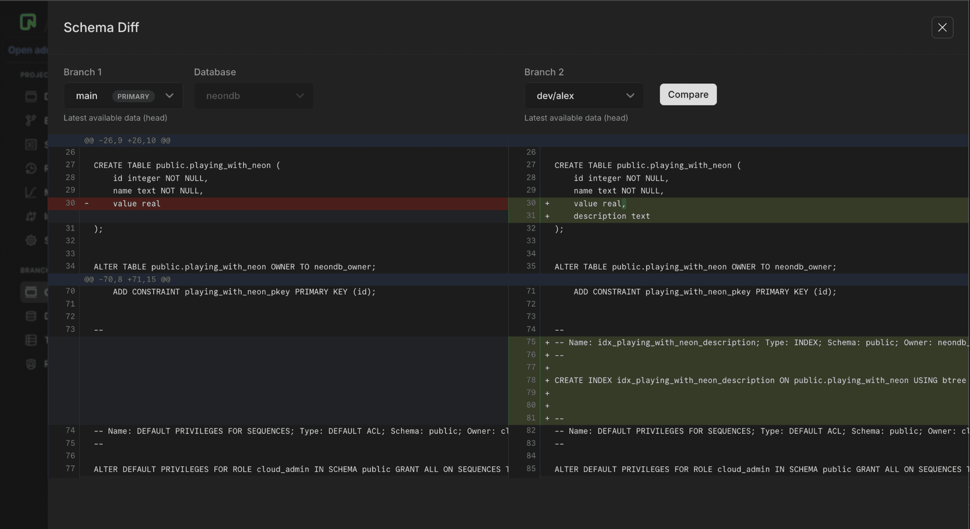 Schema diff from branches page